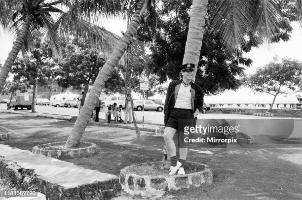 Elton John wearing a Watford F.C. Shirt on the Caribbean island of Montserrat. Elton is on the island to record his new album at AIR studios. October...