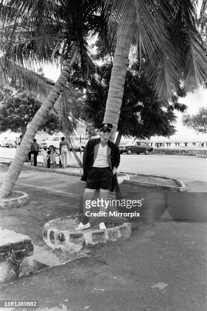 Elton John wearing a Watford F.C. Shirt on the Caribbean island of Montserrat. Elton is on the island to record his new album at AIR studios. October...