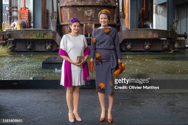 Queen Mathilde of Belgium and Hereditary Grand Duchess Stephanie de Lannoy of Luxembourg visit Belval Science City on October 16, 2019 in Luxembourg,...