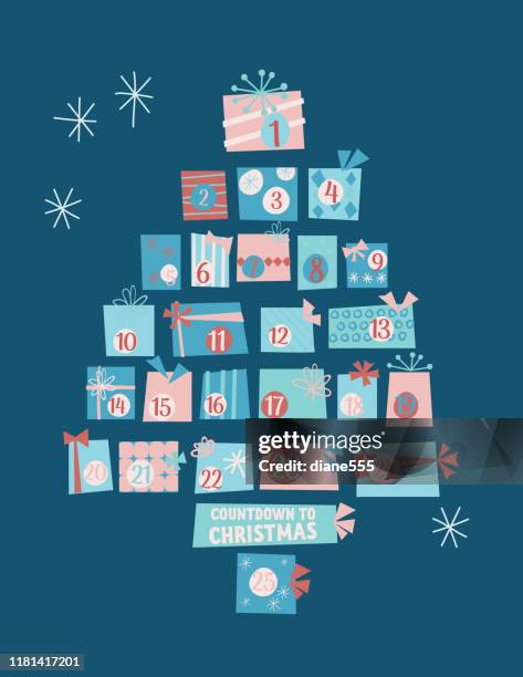 stockillustraties, clipart, cartoons en iconen met schattig retro kerstcadeaus adventkalender boom - adventkalender