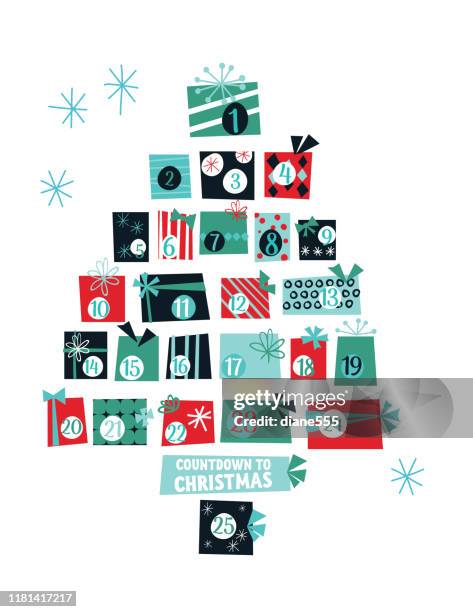 cute retro christmas gifts advent calendar tree - advent calendar stock illustrations