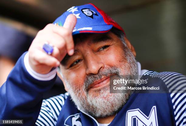 Diego Maradona, head coach of Gimnasia y Esgrima La Plata, gestures before a match between Aldosivi and Gimnasia y Esgrima La Plata as part of...