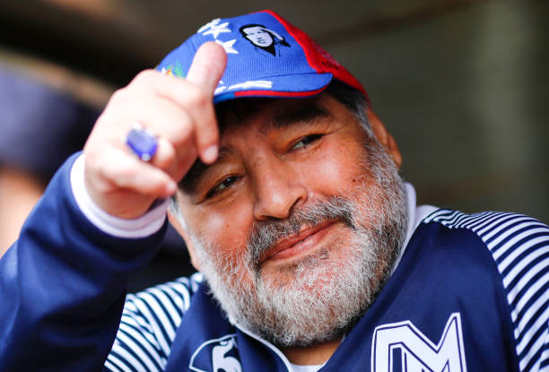 Diego Maradona, head coach of Gimnasia y Esgrima La Plata, gestures before a match between Aldosivi and Gimnasia y Esgrima La Plata as part of...