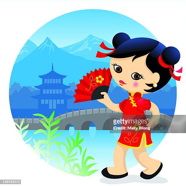 chinese cute girl - cheongsam stock illustrations