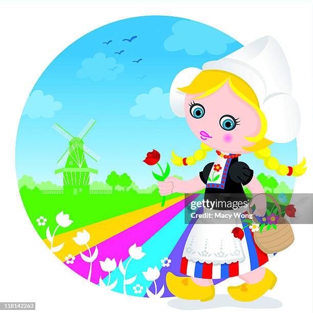 dutch tulip cute girl - tulip fields netherlands stock illustrations