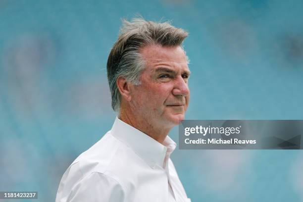 President Bruce Allen of the Washington Redskins looks on prior to the game between the Washington Redskins and the Miami Dolphins at Hard Rock...