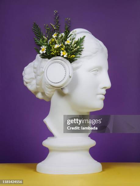floral collage with greek goddess wearing headphones - vaporwave stock pictures, royalty-free photos & images
