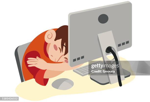 sleeping on the computer - young man sleeping stock illustrations