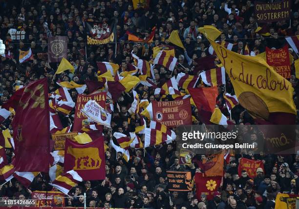 Fans of AS Roma during the Serie A match between Parma Calcio and AS Roma at Stadio Ennio Tardini on November 10, 2019 in Parma, Italy.
