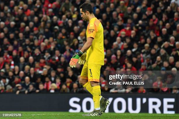 Manchester City's Chilean goalkeeper Claudio Bravo is pictured during the English Premier League football match between Liverpool and Manchester City...
