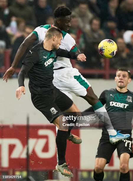 Eder of FC Lokomotiv Moscow and Uros Spajic of FC Krasnodar vie for the ball during the Russian Football League match between FC Lokomotiv Moscow and...