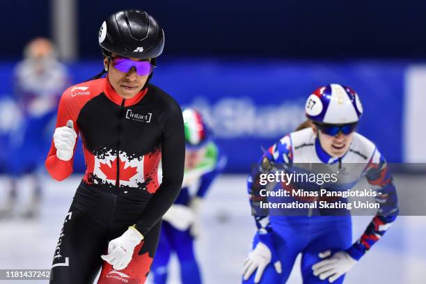 Alyson Charles of Canada reacts after finishing first in the ladies 500 m quarterfinals during the ISU World Cup Short Track at Maurice Richard Arena...