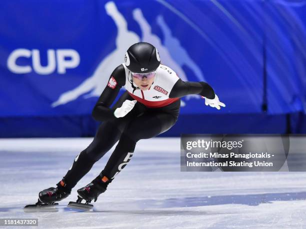 Natalia Maliszewska of Poland competes in the ladies 500 m quarterfinals during the ISU World Cup Short Track at Maurice Richard Arena on November...