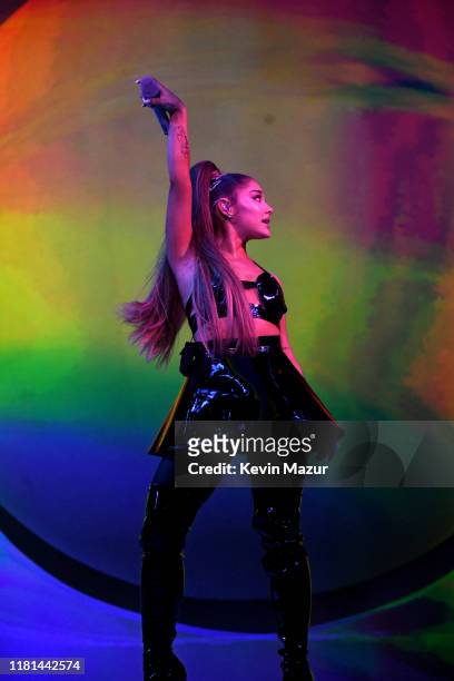 Ariana Grande performs on stage during her "Sweetener World Tour" at The O2 Arena on October 15, 2019 in London, England.