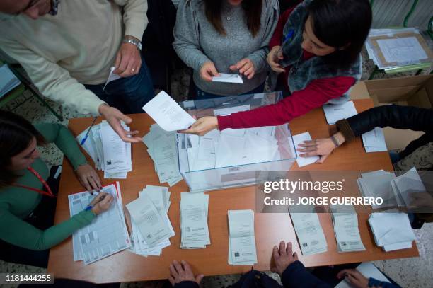 Officials count ballots at a polling station in Ronda after Spain held general elections on November 10, 2019. - Spain holds its fourth election in...