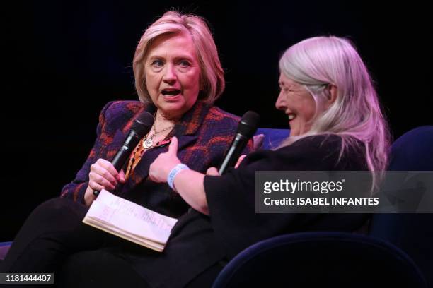 Hillary Rodham Clinton discusses The Book of Gutsy Women with British historian Mary Beard at Southbank Centre's Royal Festival Hall in London on...
