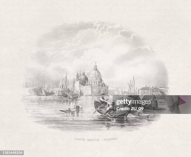 santa maria della salute, venice, italy, steel engraving, published 1857 - santa maria della salute stock illustrations