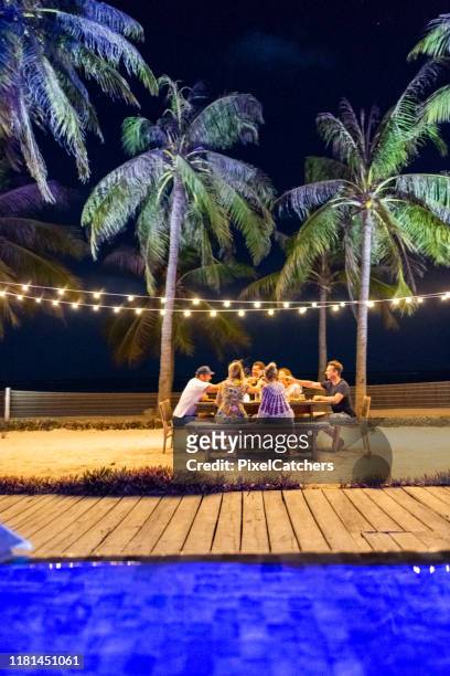 friends cheers! enjoying private dinner party on the beach - pool party night stock pictures, royalty-free photos & images