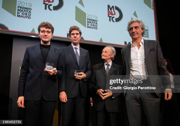 Ludovico Campana, Sergio Pininfarina, Aldo Brovarone and Benedetto Camerana attend the Matita d'Oro award ceremony at Museo Nazionale dell'Automobile...