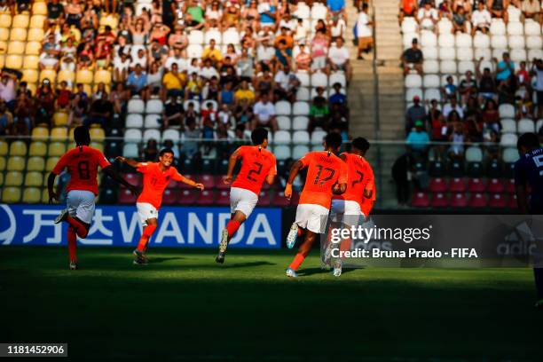 Jana Hoever of Netherlands celebrates with teammates after scoring a goal during the FIFA U-17 Men's World Cup Brazil 2019 match Netherlands and...