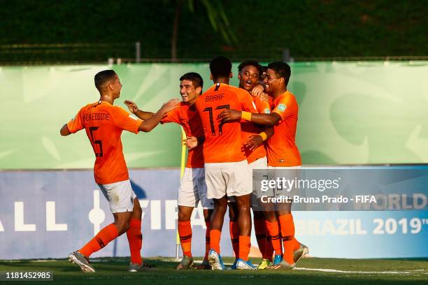 Sontje Hanse of Netherlands celebrates with teammates after scoring a goal during the FIFA U-17 Men's World Cup Brazil 2019 match Netherlands and...