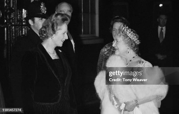 The Queen Mother is greeted by the Prime Minister, Margaret Thatcher , upon her arrival at 10 Downing Street, where the Prime Minister hosted an 80th...