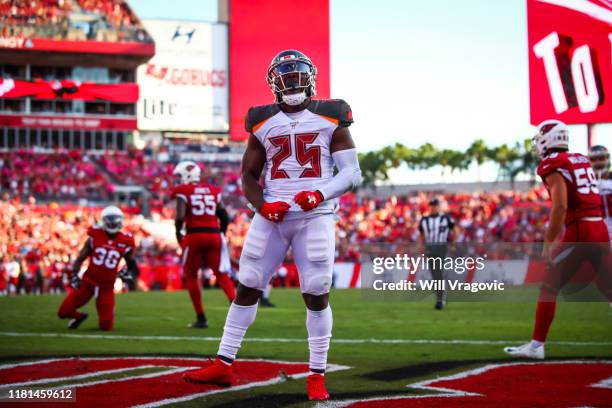 Peyton Barber of the Tampa Bay Buccaneers celebrates after a touchdown in the fourth quarter during the game against the Arizona Cardinals on...