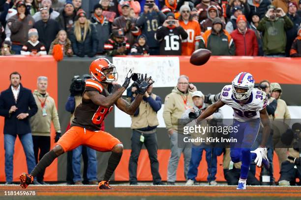 Rashard Higgins of the Cleveland Browns catches the game winning touchdown while being defended by Levi Wallace of the Buffalo Bills during the...
