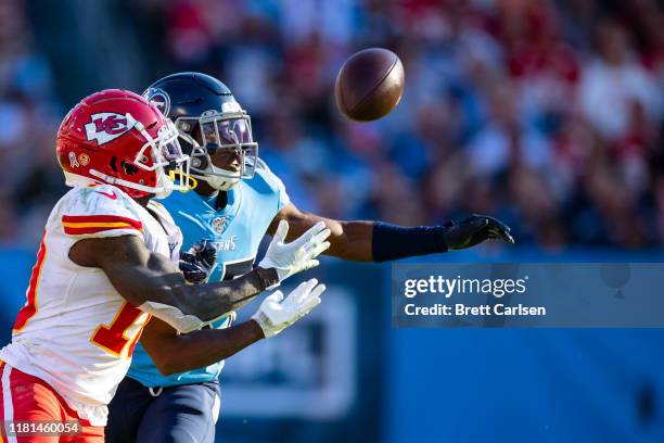 Adoree' Jackson of the Tennessee Titans breaks up a pass intended for Tyreek Hill of the Kansas City Chiefs during the fourth quarter at Nissan...