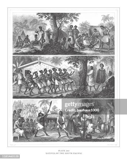 natives of the south pacific engraving antique illustration, published 1851 - archival war stock illustrations