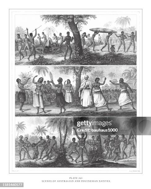 stockillustraties, clipart, cartoons en iconen met scènes van australische en polynesische natives gravure antieke illustratie, gepubliceerd 1851 - sect