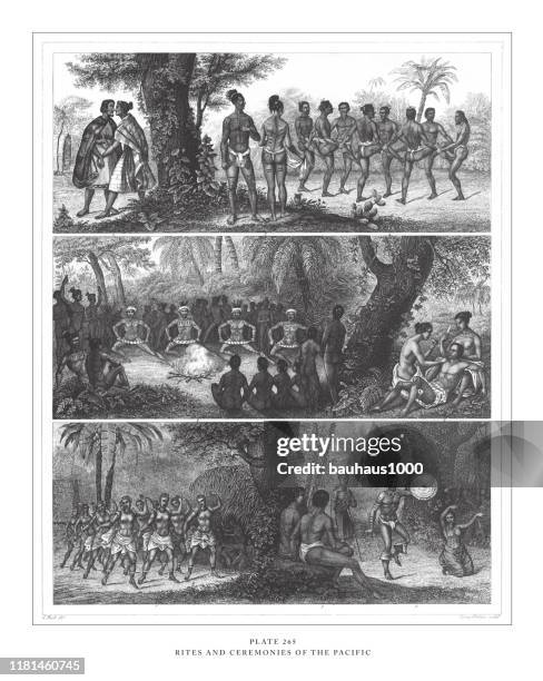 stockillustraties, clipart, cartoons en iconen met riten en ceremonies van de pacific gravure antieke illustratie, gepubliceerd 1851 - sect