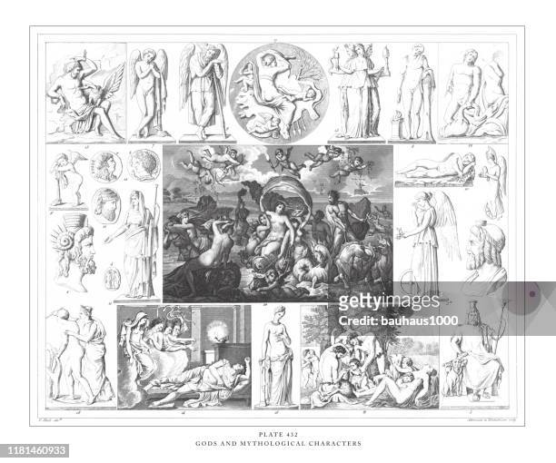 stockillustraties, clipart, cartoons en iconen met goden en mythologische tekens gravure antieke illustratie, gepubliceerd 1851 - romeinse godin