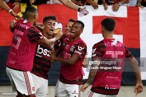 Reinier of Flamengo celebrates his goal with teammates during a match between Flamengo and Bahia as part of Brasileirao Series A 2019 at Maracana...