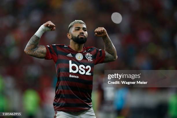 Gabriel Barbosa of Flamengo celebrates his goa during a match between Flamengo and Bahia as part of Brasileirao Series A 2019 at Maracana Stadium on...