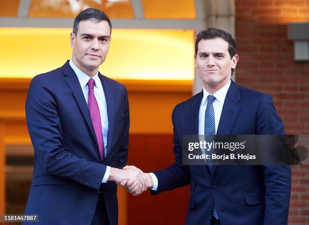 Acting President Pedro Sanchez receives the leader of the Ciudadanos party, Albert Rivera on October 16, 2019 in Madrid, Spain. Violent protests...