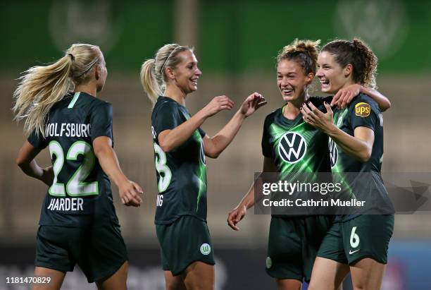 Pernille Harder, Lena Goessling, Felicitas Rauch and Dominique Bloodworth of VfL Wolfsburg celebrate after scoring during the UEFA Women's Champions...