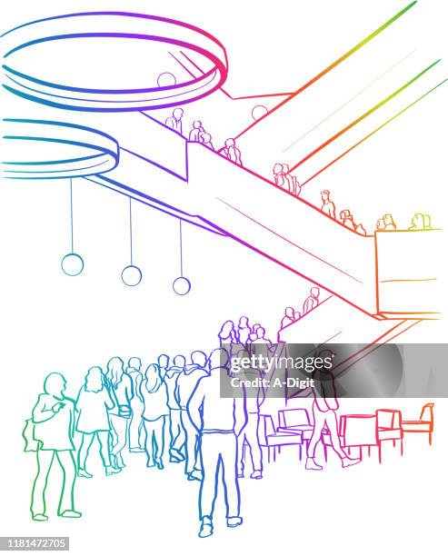 young people in modern office lobby rainbow - entrance hall stock illustrations