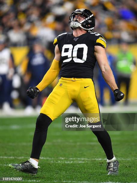 Watt of the Pittsburgh Steelers reacts after making a sack during the second quarter against the Los Angeles Rams at Heinz Field on November 10, 2019...