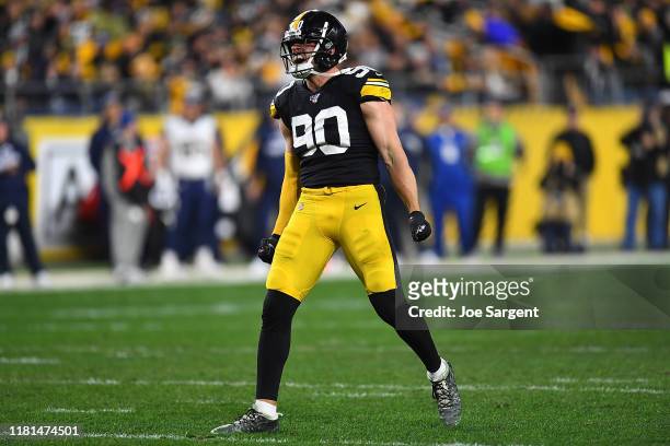 Watt of the Pittsburgh Steelers reacts after making a sack during the second quarter against the Los Angeles Rams at Heinz Field on November 10, 2019...