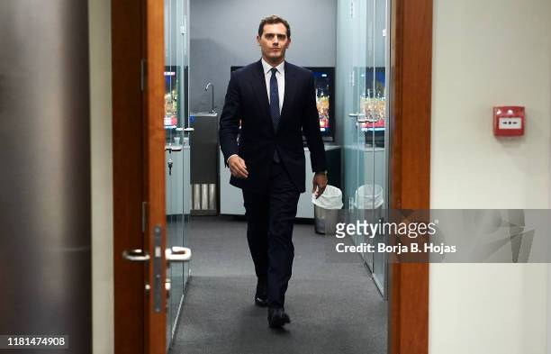 Leader of the Ciudadanos party, Albert Rivera during press conference after his meeting with acting president Pedro Sanchez on October 16, 2019 in...