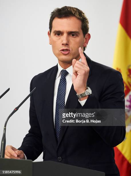 Leader of the Ciudadanos party, Albert Rivera during press conference after his meeting with acting president Pedro Sanchez on October 16, 2019 in...