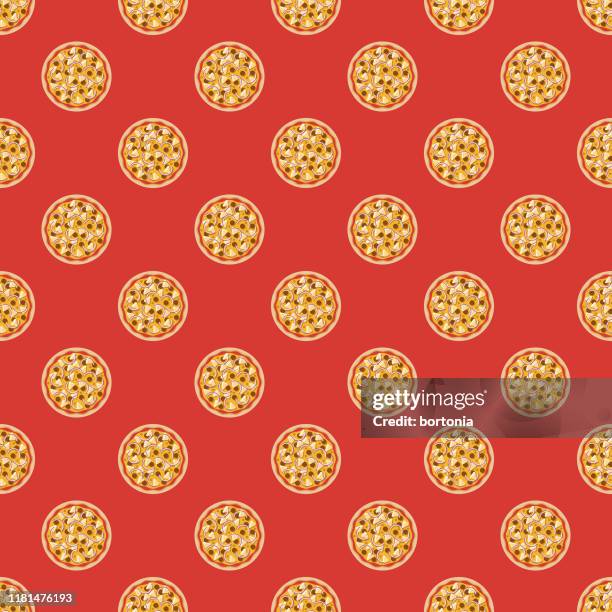 beef, onion and pineapple pizza pattern - melted cheese background stock illustrations