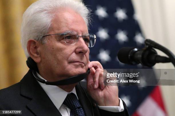 President Sergio Mattarella of Italy listens during a joint news conference with U.S. President Donald Trump in the East Room at the White House...