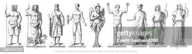 ilustrações, clipart, desenhos animados e ícones de janus, saturnus, opis, júpiter, hera, diana, ritos religiosos e figuras da grécia antiga e roma gravura antiga ilustração, publicado 1851 - apolo