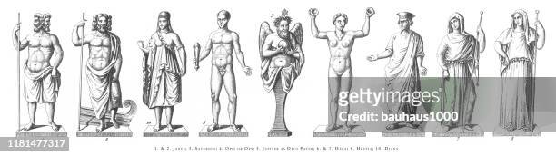 janus, saturnus, opis, jupiter, hera, diana, religious rites and figures of ancient greece and rome engraving antique illustration, published 1851 - hera stock illustrations