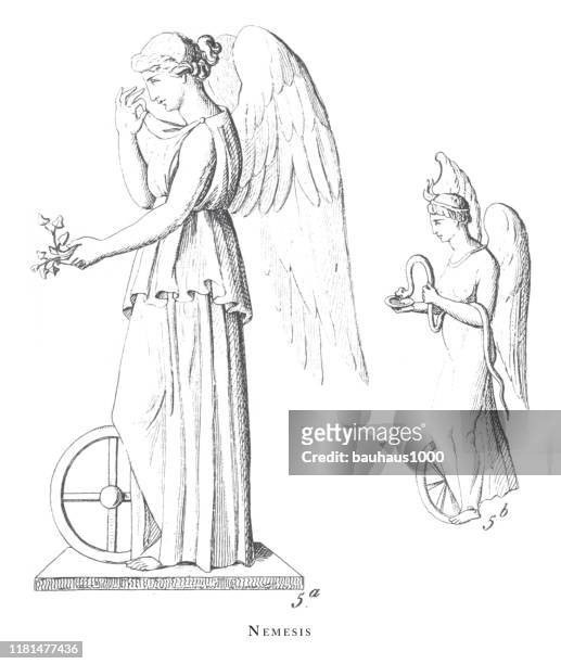 nemesis, gods and mythological characters engraving antique illustration, published 1851 - mercury god stock illustrations