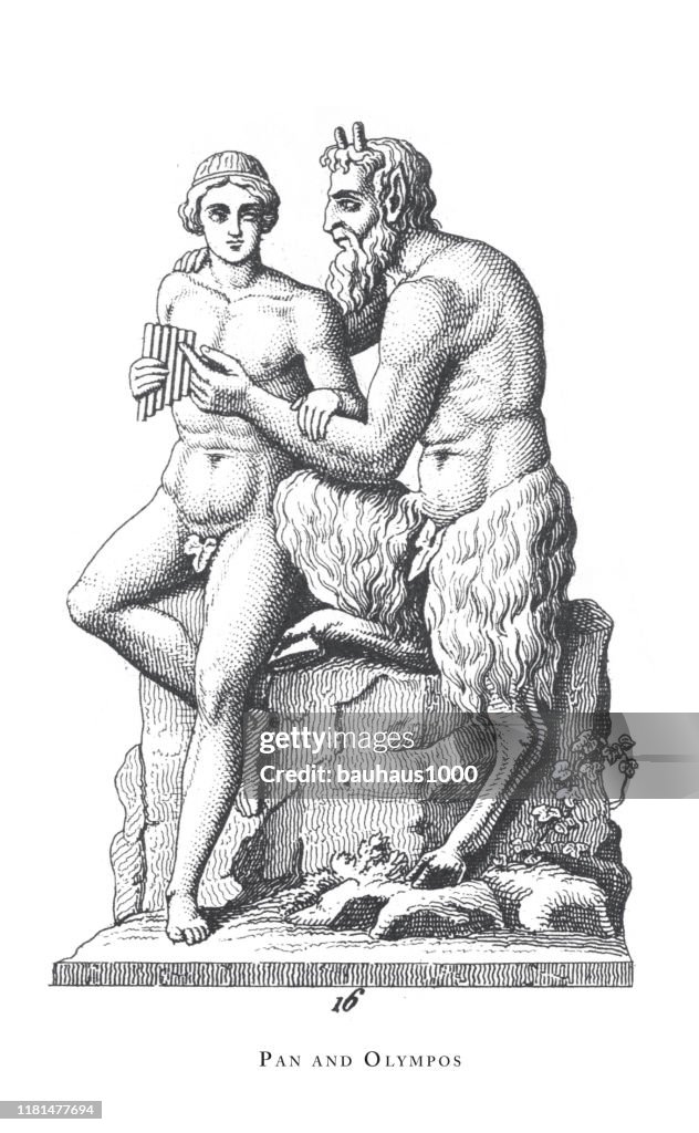 Pan and Olympos, Gods and Mythological Characters Engraving Antique Illustration, Published 1851 Engraving Antique Illustration, Published 1851