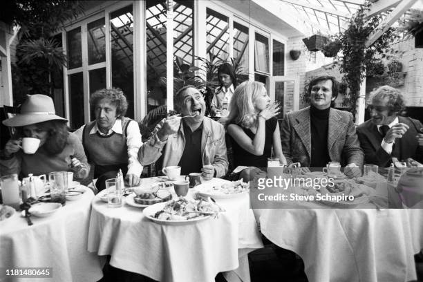 View of, seated from left, American actress Madeline Kahn , actor Gene Wilder , director Mel Brooks, actress Teri Garr, actor Kenneth Mars , and...