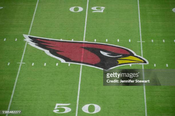 General view inside the stadium of the Arizona Cardinals logo on the field during the NFL game between the Atlanta Falcons and Arizona Cardinals at...